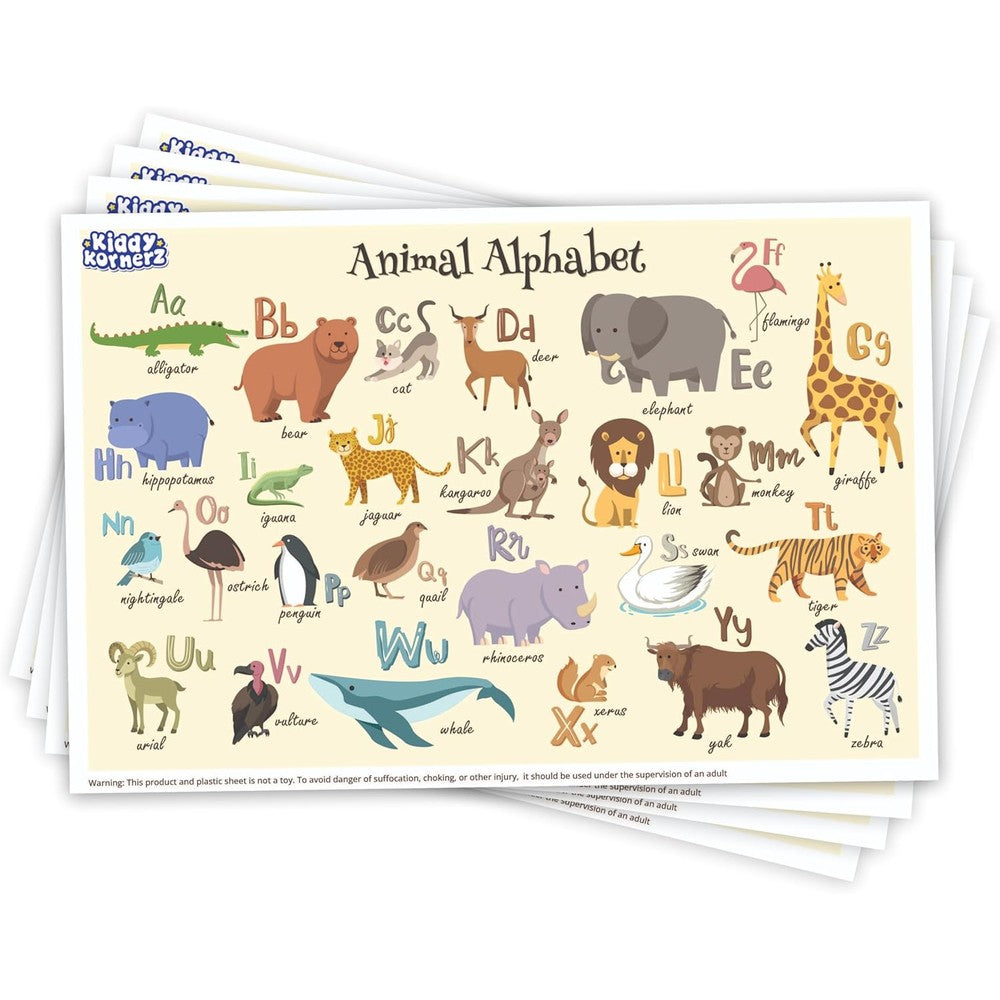 KiddyKornerz waterproof disposable placemats front view showing animal alphabet design for babies.