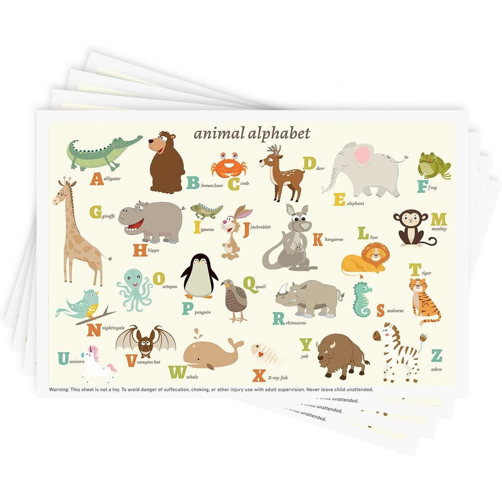 Babebay Disposable Stick On Placemats 40 Pack front view showing animal alphabet design on table cover