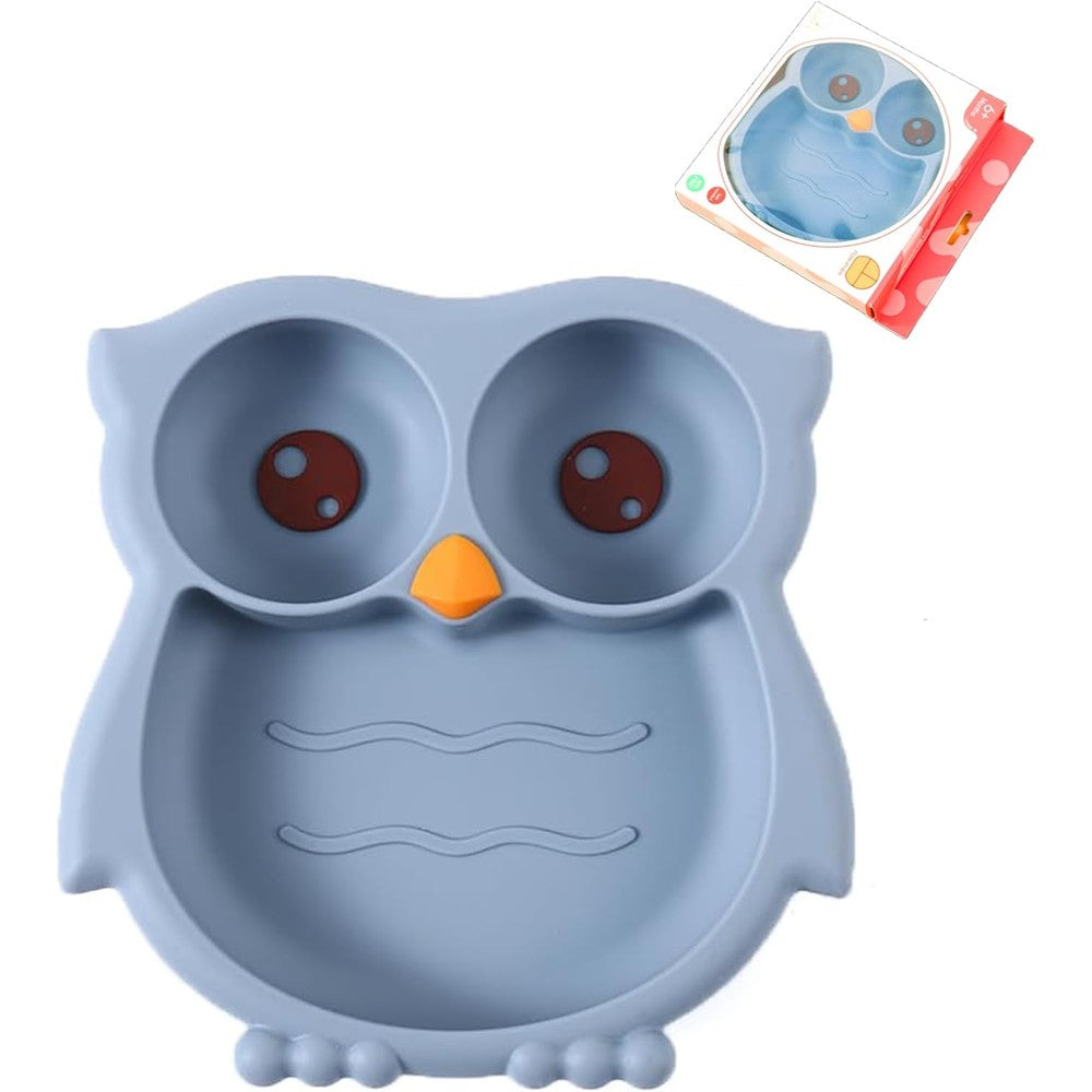 PandaEar Toddler Suction Plate Owl Shape Blue front view