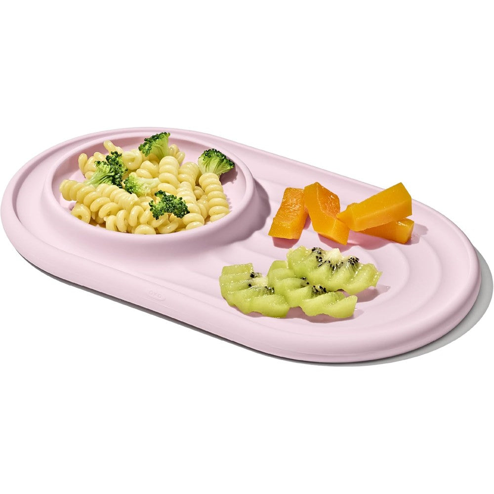 Oxo Tot Textured Suction Plate Blossom Pink front view for baby feeding