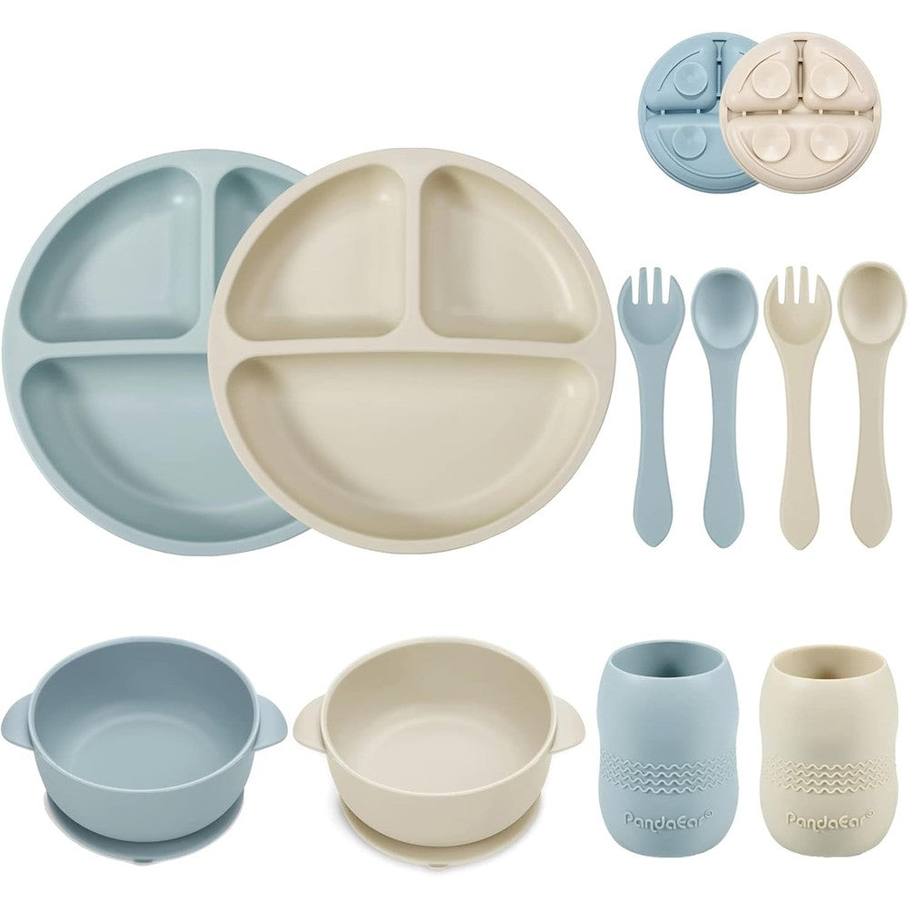 PandaEar blue and white silicone baby feeding set front view