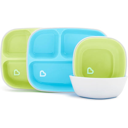 Munchkin Splash 4 piece toddler divided plate and bowl set blue and green front view