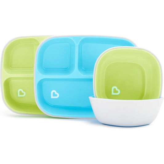Munchkin Splash 4 piece toddler divided plate and bowl set blue and green front view