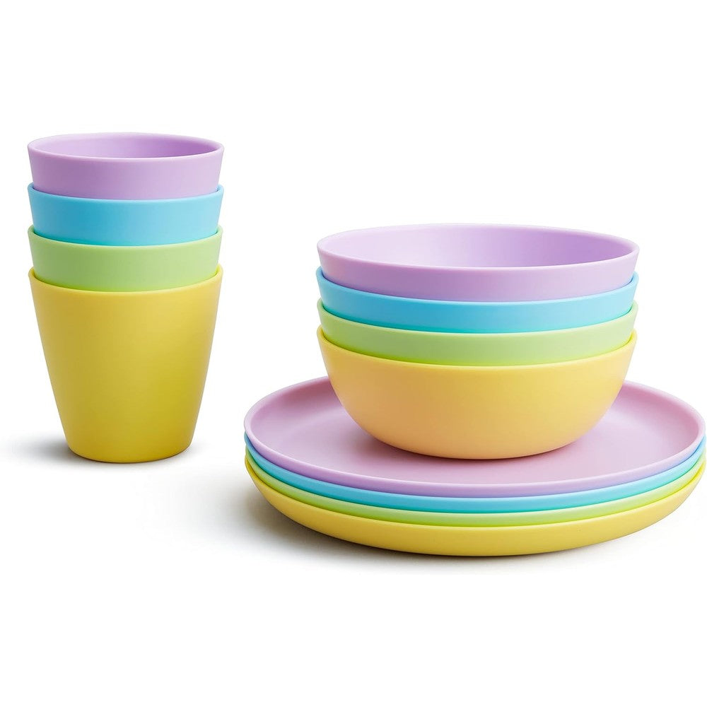 Munchkin 12 piece toddler dining set front view showing colorful plates bowls and cups
