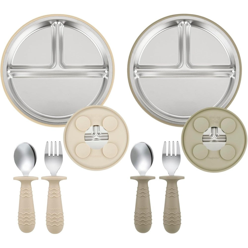 PandaEar stainless steel divided baby suction plate set in tan walnut