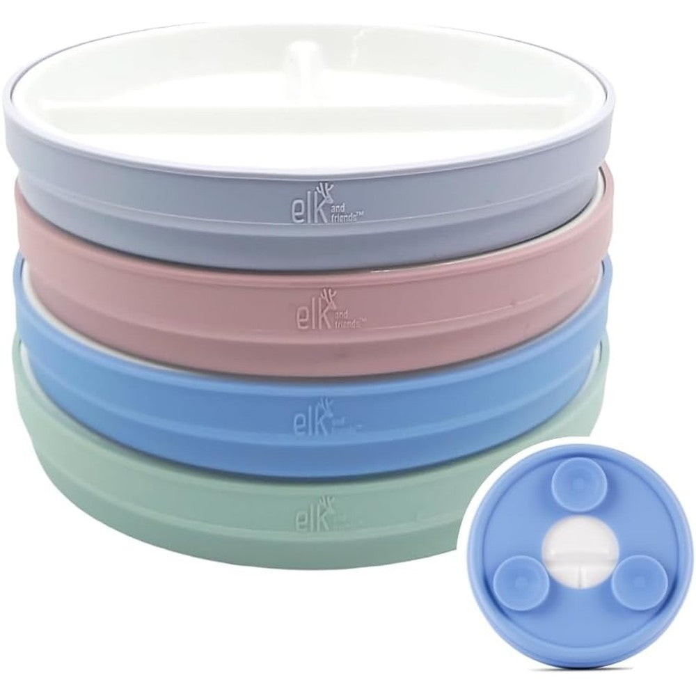 Elk and Friends kids porcelain divided plates with silicone suction sleeves front view