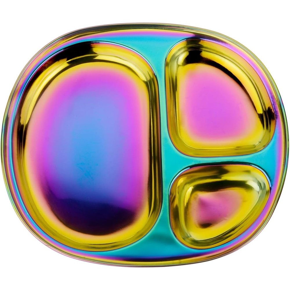 Ahimsa stainless steel kids plate front view with rainbow finish