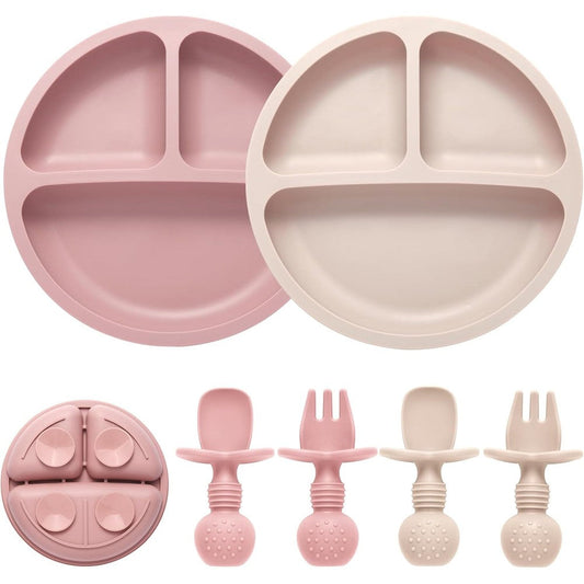 Eascrozn silicone feeding set with divided suction plates and utensils front view
