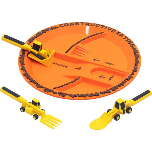 Constructive Eating Utensils With Construction Plate Set Of Three Multicolor Kids Dinnerware