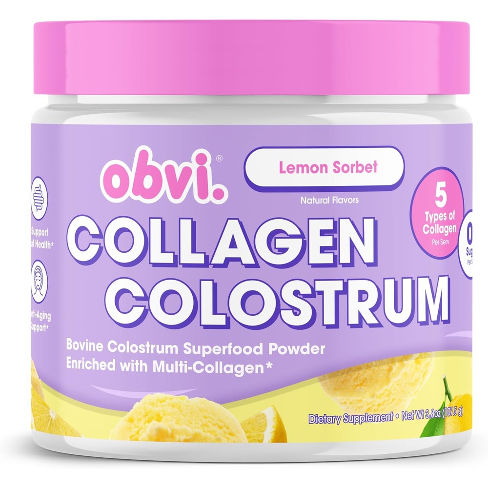Obvi Collagen Peptide Colostrum Powder Lemon Sorbet front jar view