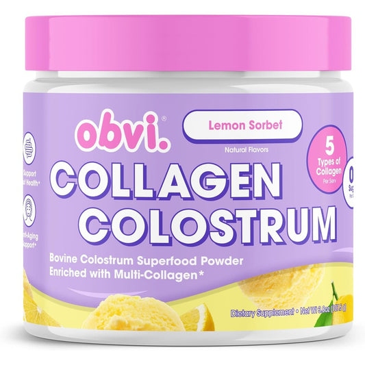 Obvi Collagen Peptide Colostrum Powder Lemon Sorbet front jar view