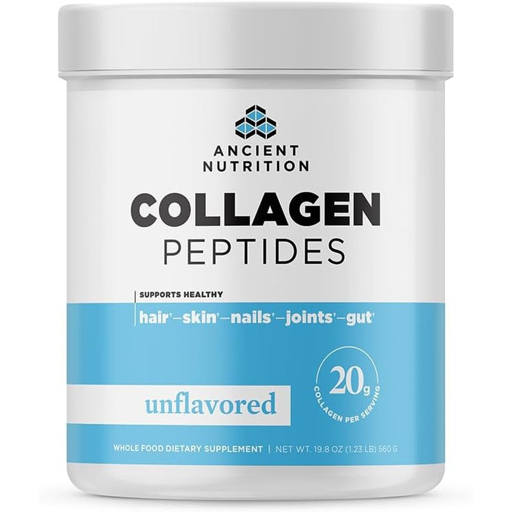 Ancient Nutrition Collagen Peptides Powder front view of unflavored canister for daily skin and joint wellness.