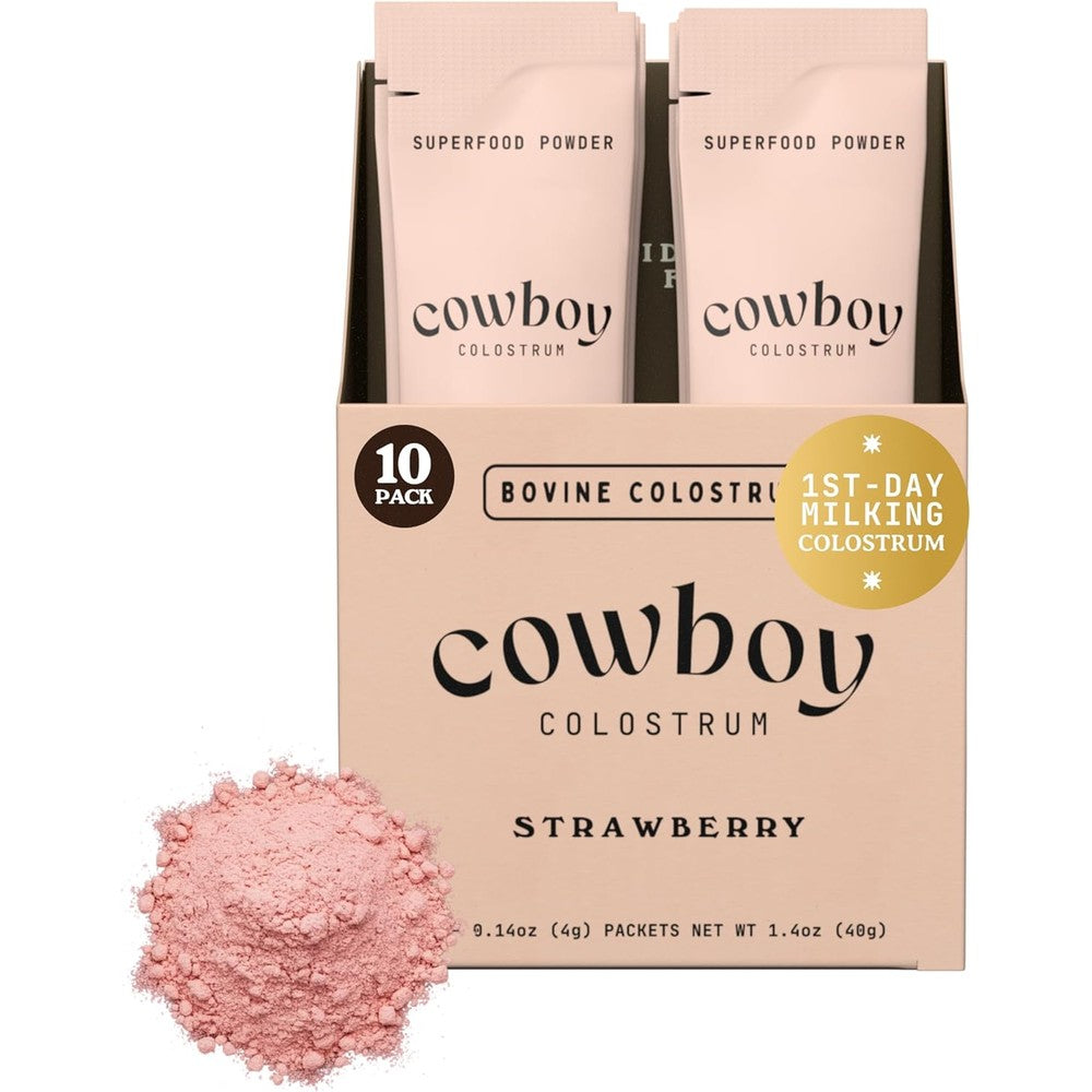 Cowboy Colostrum Strawberry travel packs front view showing packaging details