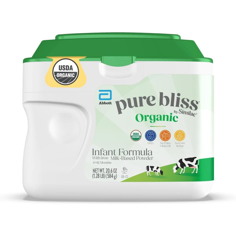 Similac Pure Bliss Organic Infant Formula front view of the twenty point six ounce tub showing organic certification.