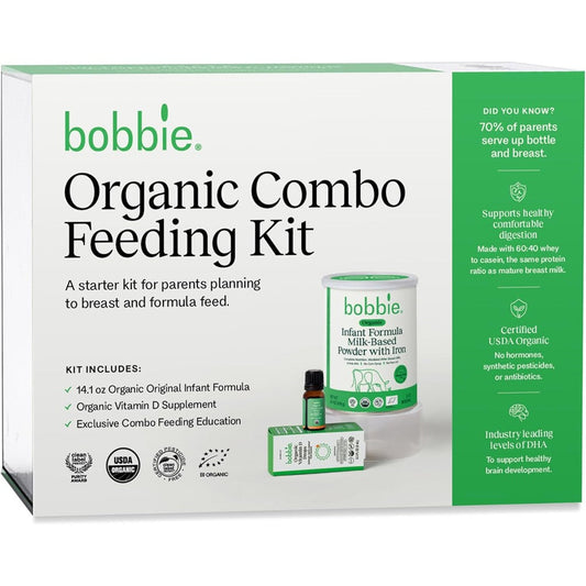 Bobbie Organic Combo Feeding Kit containing formula powder can and liquid drops front view
