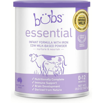 Bubs Essential Infant Formula front view of premium iron fortified canister