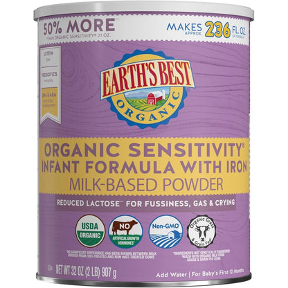Earth's Best Organic Sensitivity Infant Formula front view of 32 ounce canister.