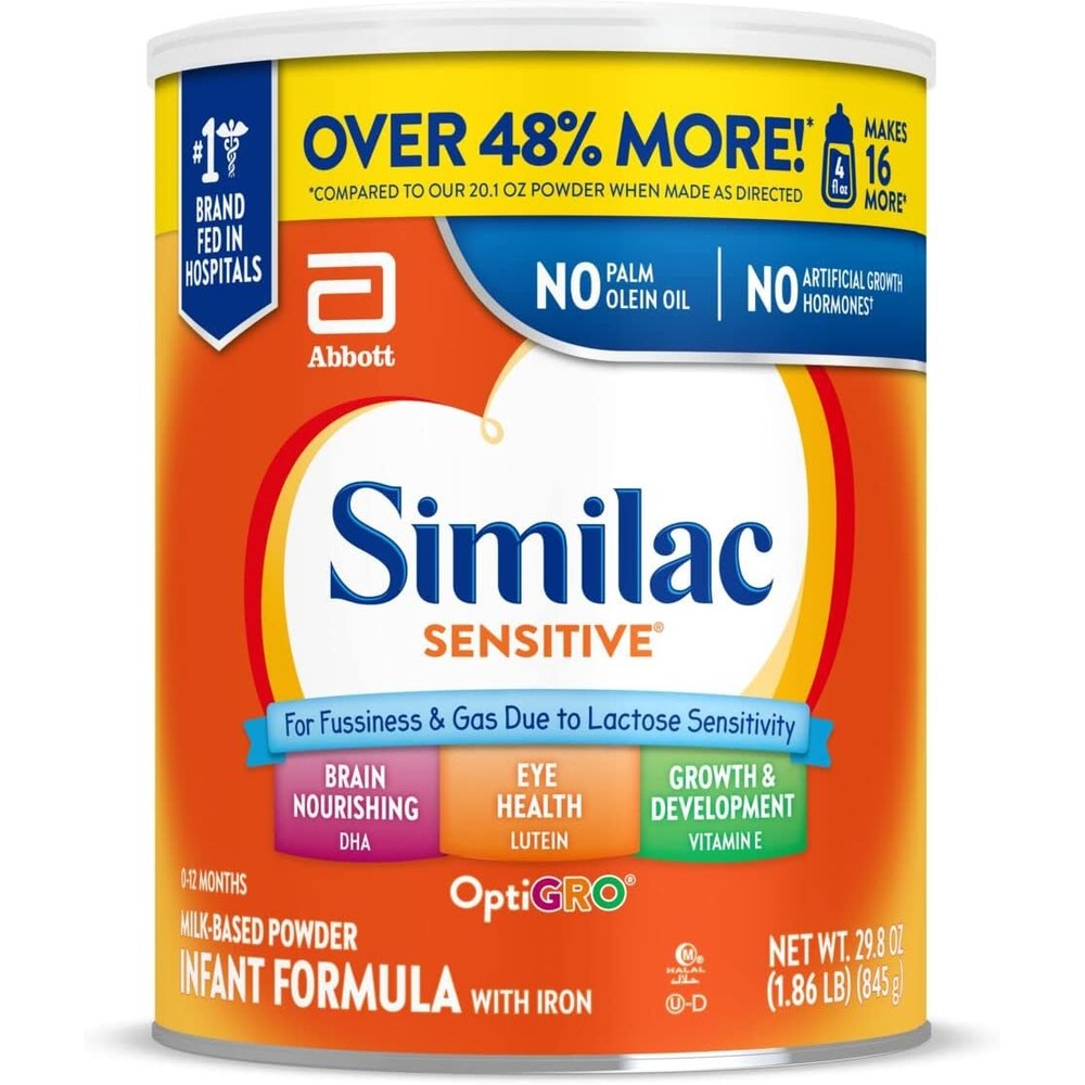 Similac Sensitive Infant Formula powder container front view showing 29.8 ounce size label.