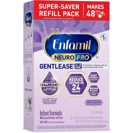 Enfamil NeuroPro Gentlease baby formula refill box front view showcasing complete infant nutrition