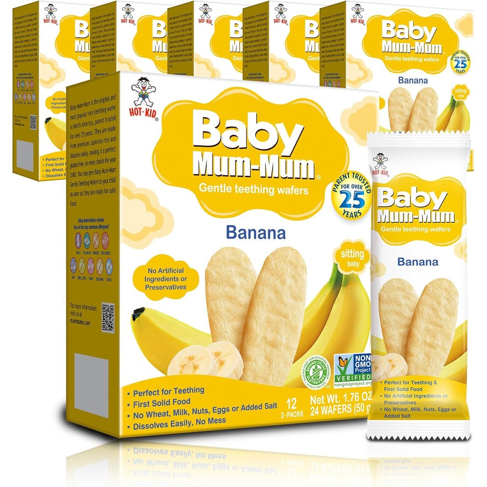 Baby Mum-Mum Gentle Banana Teething Crackers pack of six box front view showing authentic baby snack packaging.