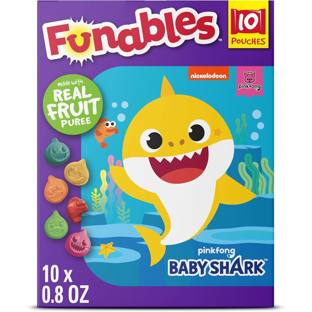 Funables Baby Shark Assorted Fruit Flavored Snacks front view of 10 count box