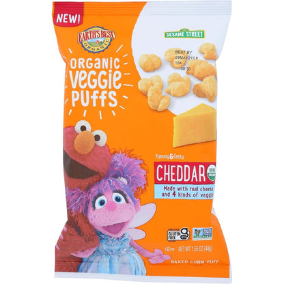 Earth's Best Organic Veggie Puffs Cheddar front view bag showing Sesame Street characters