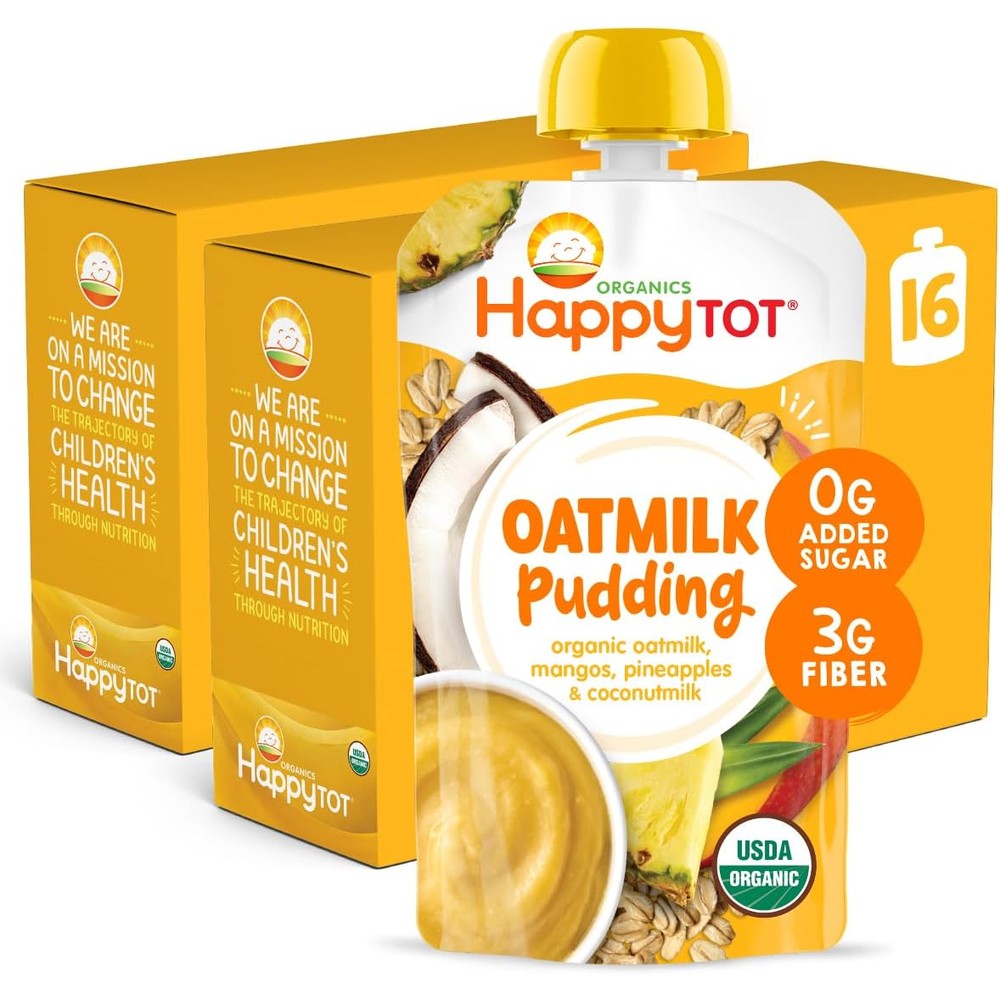 HAPPYTOT Organics Oatmilk Pudding pack of 16 front view showing mango pineapple flavor details
