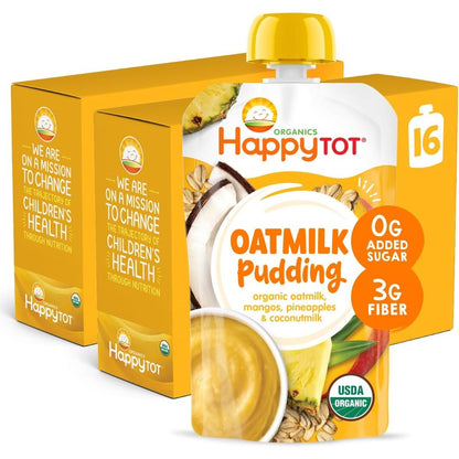HAPPYTOT Organics Oatmilk Pudding pack of 16 front view showing mango pineapple flavor details