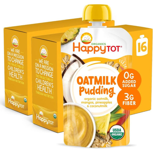 HAPPYTOT Organics Oatmilk Pudding pack of 16 front view showing mango pineapple flavor details