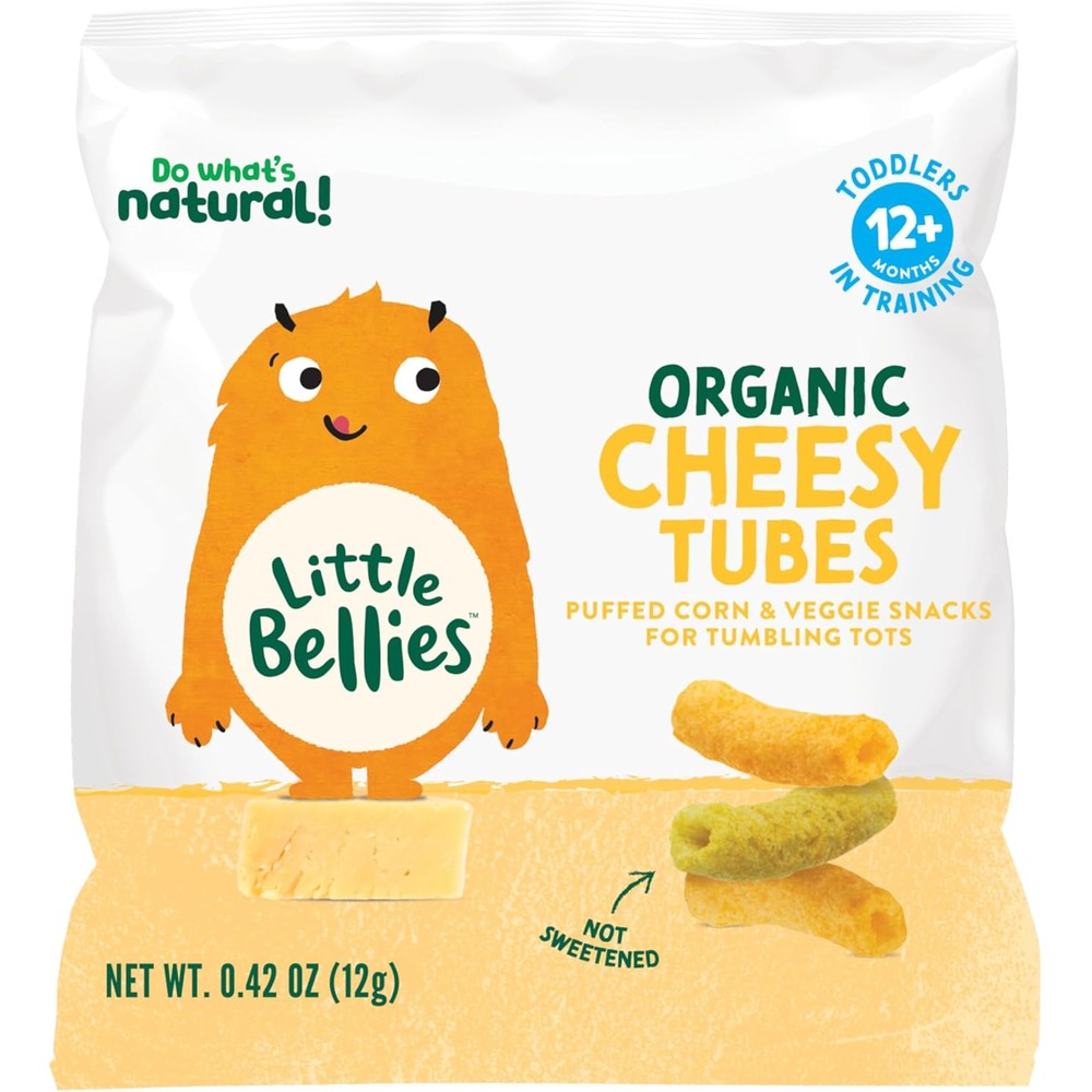 Little Bellies Organic Cheesy Tubes front view of the toddler snack packaging.