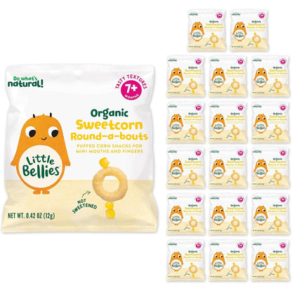 Little Bellies Organic Round-a-bouts baby snack box front view showing sweetcorn rings flavor.