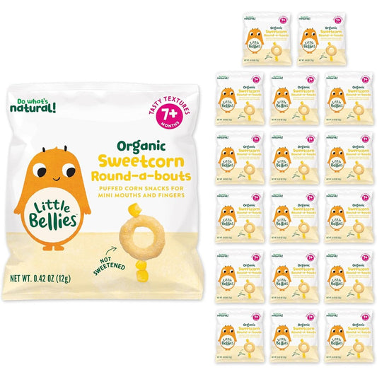Little Bellies Organic Round-a-bouts baby snack box front view showing sweetcorn rings flavor.