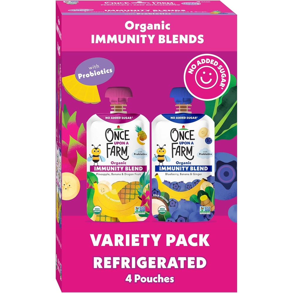 Once Upon a Farm Organic Immunity Blend variety multipack box front view showcasing fruit purees