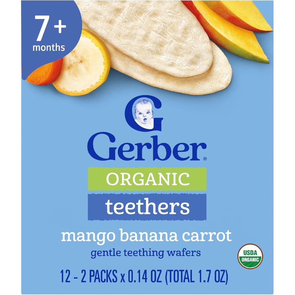 Gerber Organic Teethers Mango Banana Carrot box front view showing teething wafers snack packaging
