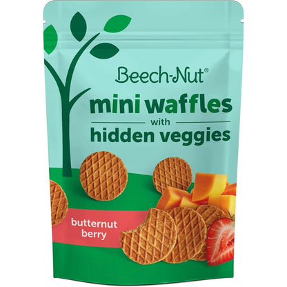 Beech-Nut Mini Waffles Butternut Berry front packaging showing toddler snack crisps