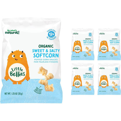 Little Bellies Organic Sweet And Salty Softcorn packaging front view showing toddler snack packs