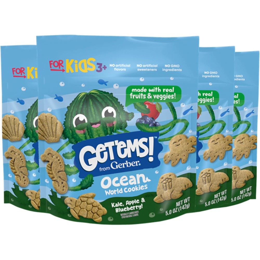 Gerber Get'ems Kale Apple and Blueberry Ocean World Cookies 4 pack front view