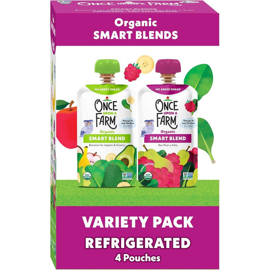 Once Upon a Farm Organic Smart Blend 4 pack front view showing toddler snack food variety pouches