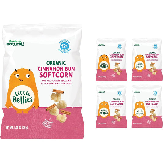 Little Bellies Organic Cinnamon Bun Softcorn front packaging view of healthy toddler snack.
