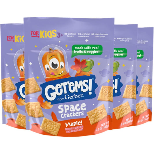 Gerber Get'ems Maple Space Crackers front packaging of the four pack box showing cosmic shapes.