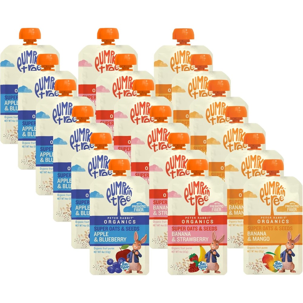 Pumpkin Tree Peter Rabbit Organics Super Oats And Seeds Variety Pack front view showing eighteen organic pouches