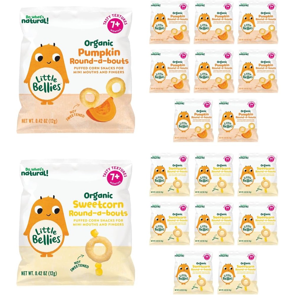 Little Bellies Organic Round-a-Bouts Variety Pack front packaging showing sweetcorn and pumpkin flavors.