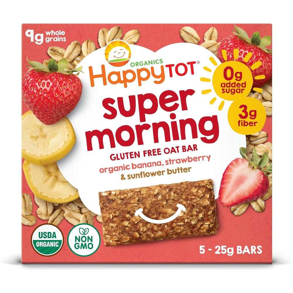 HAPPYTOT Organics Super Morning Oat Bars front view packaging of banana strawberry flavor