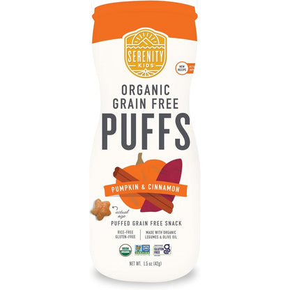 Serenity Kids Pumpkin and Cinnamon Organic Grain Free Baby Puffs front canister view premium toddler snack