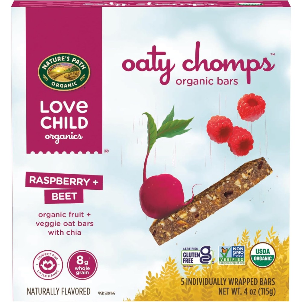 Love Child Organics Oaty Chomps Raspberry and Beet Snack Bars front packaging view of the four ounce pack.