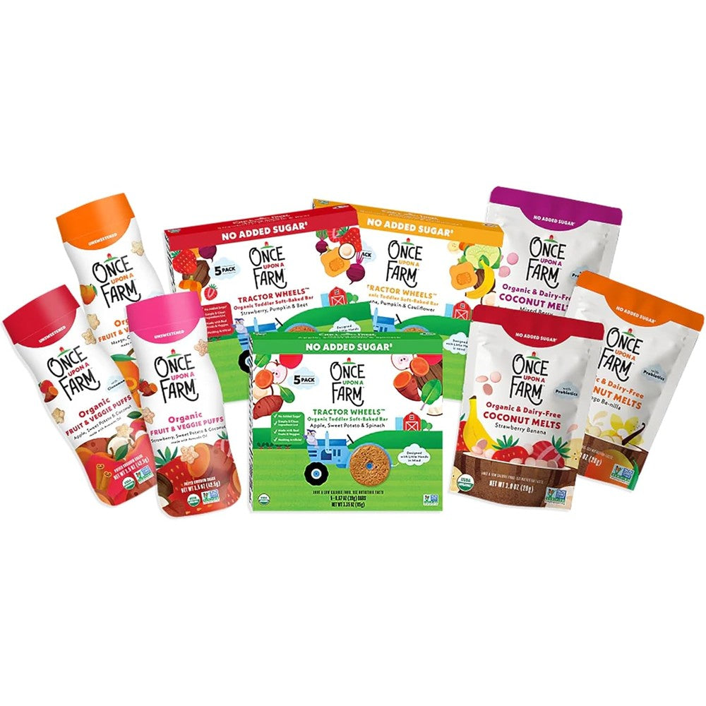 Once Upon a Farm Organic Baby and Toddler Snack Sampler 9 Count front box view showing puffs and bars.