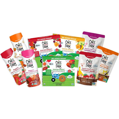 Once Upon a Farm Organic Baby and Toddler Snack Sampler 9 Count front box view showing puffs and bars.