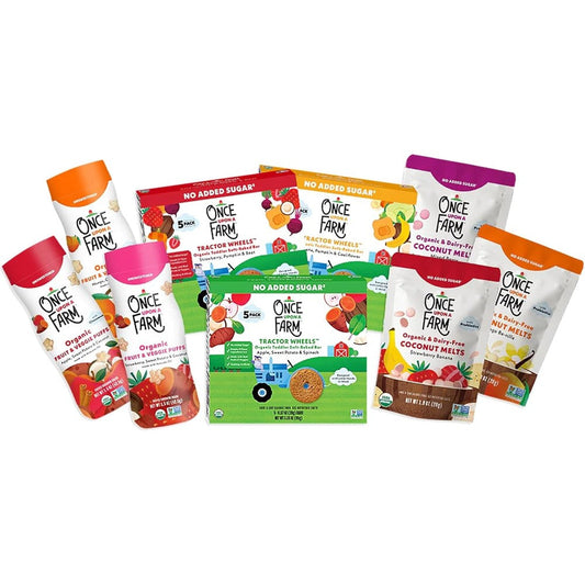 Once Upon a Farm Organic Baby and Toddler Snack Sampler 9 Count front box view showing puffs and bars.