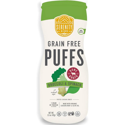 Serenity Kids grain free baby puffs broccoli and spinach canister front view