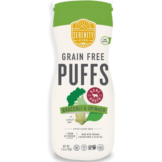 Serenity Kids grain free baby puffs broccoli and spinach canister front view